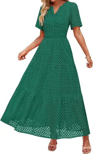 Women's 2025 Summer Maxi Dress Short Sleeve V Neck Hollow Out Casual Eyelet Ruffle Swing A Line Boho Long Dresses