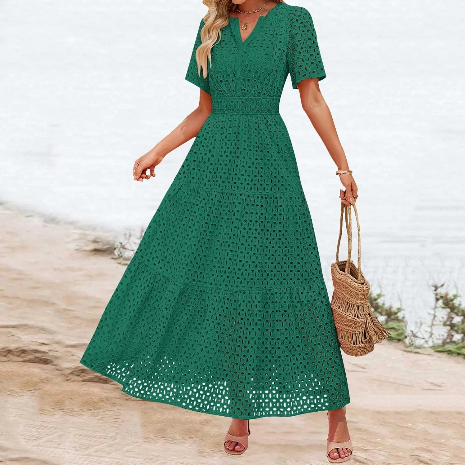 Women's 2025 Summer Maxi Dress Short Sleeve V Neck Hollow Out Casual Eyelet Ruffle Swing A Line Boho Long Dresses