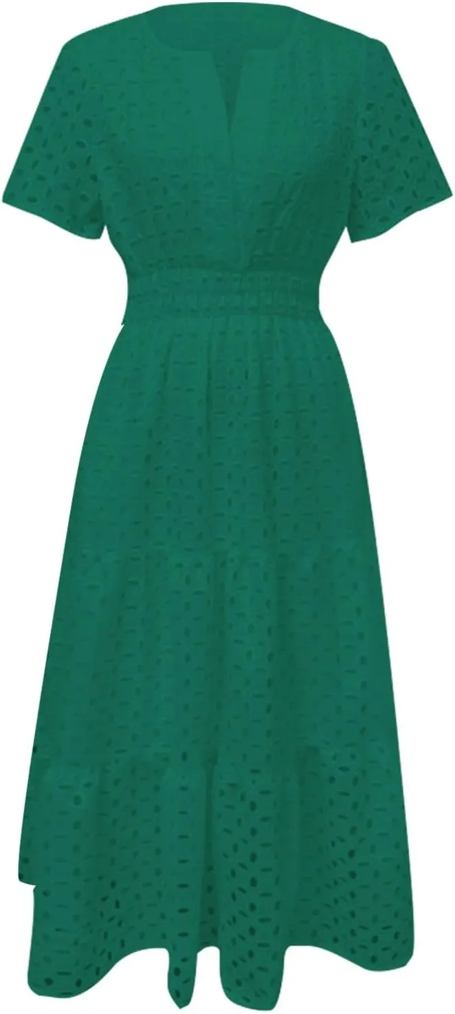 Women's 2025 Summer Maxi Dress Short Sleeve V Neck Hollow Out Casual Eyelet Ruffle Swing A Line Boho Long Dresses