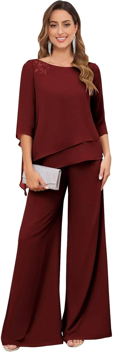 Women's 2PC Mother of The Bride Pants Suits for Wedding Lace Appliqued Chiffon Formal Outfit