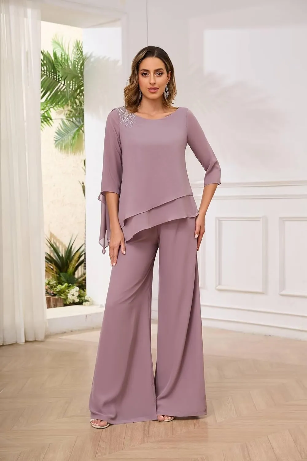 Women's 2PC Mother of The Bride Pants Suits for Wedding Lace Appliqued Chiffon Formal Outfit