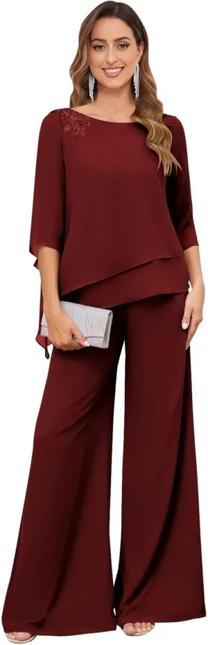 Women's 2PC Mother of The Bride Pants Suits for Wedding Lace Appliqued Chiffon Formal Outfit