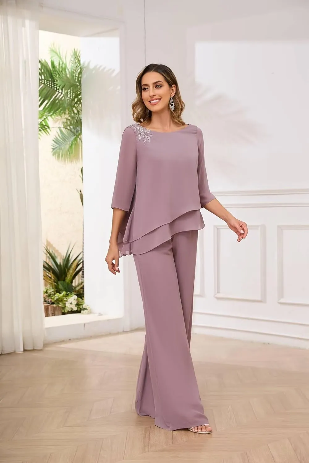 Women's 2PC Mother of The Bride Pants Suits for Wedding Lace Appliqued Chiffon Formal Outfit