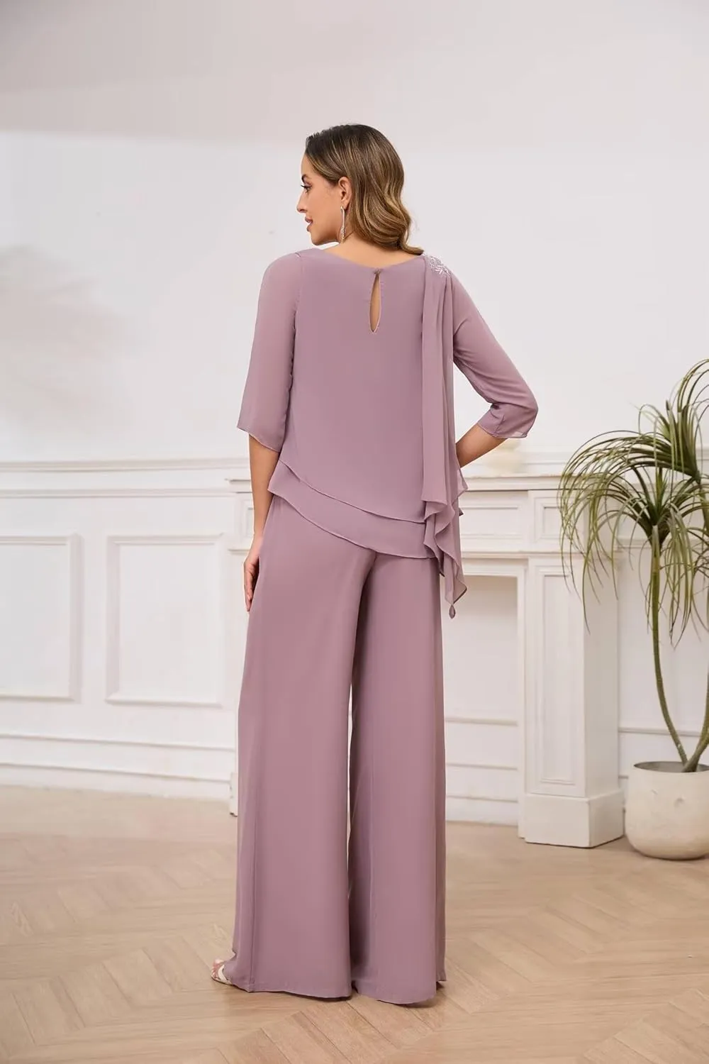 Women's 2PC Mother of The Bride Pants Suits for Wedding Lace Appliqued Chiffon Formal Outfit
