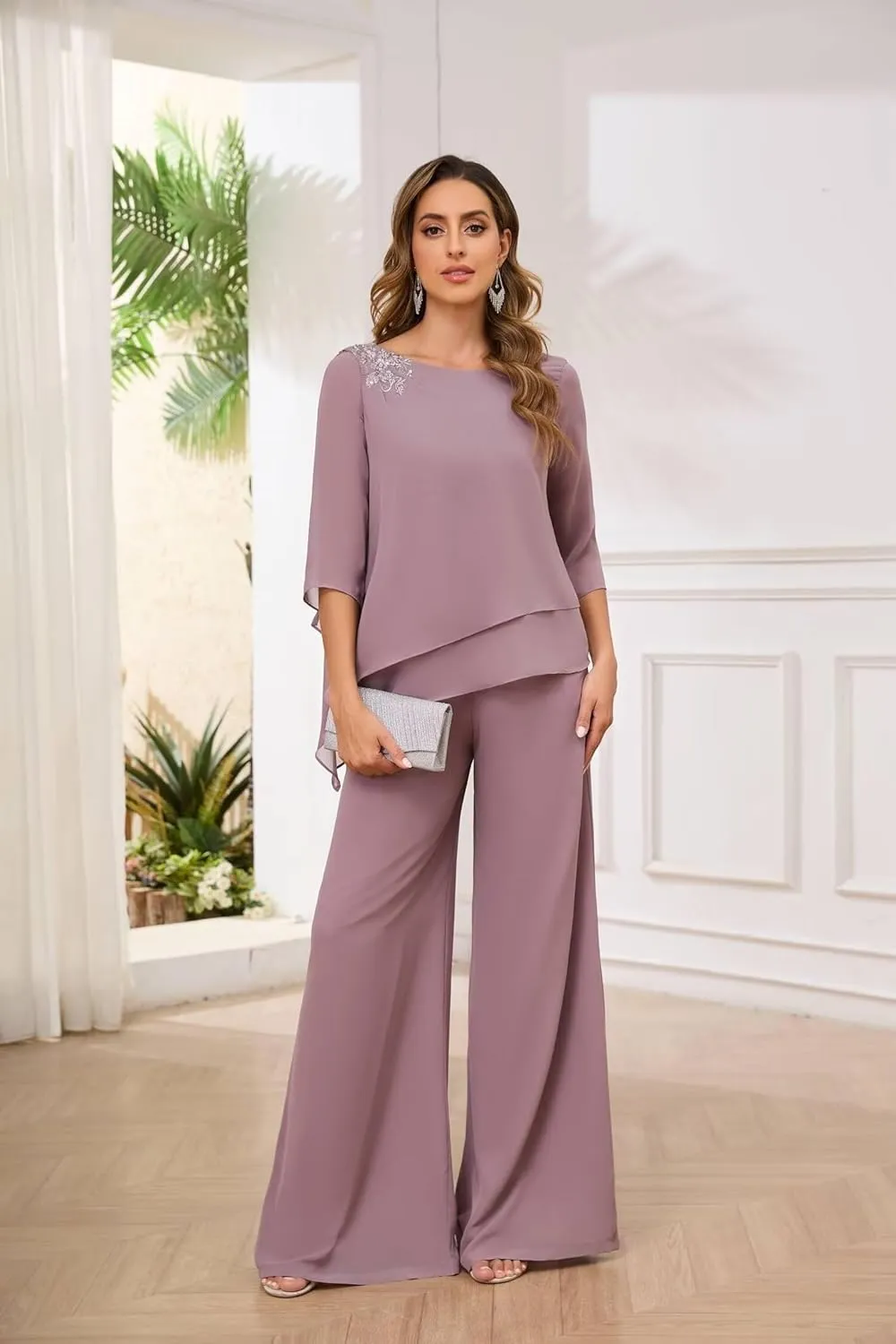 Women's 2PC Mother of The Bride Pants Suits for Wedding Lace Appliqued Chiffon Formal Outfit