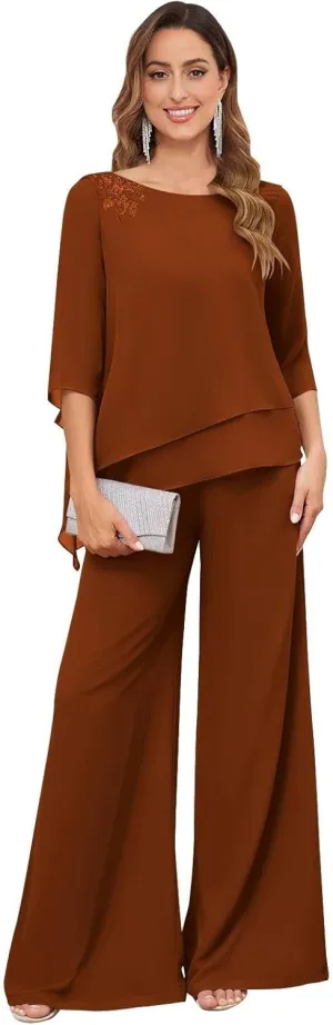 Women's 2PC Mother of The Bride Pants Suits for Wedding Lace Appliqued Chiffon Formal Outfit