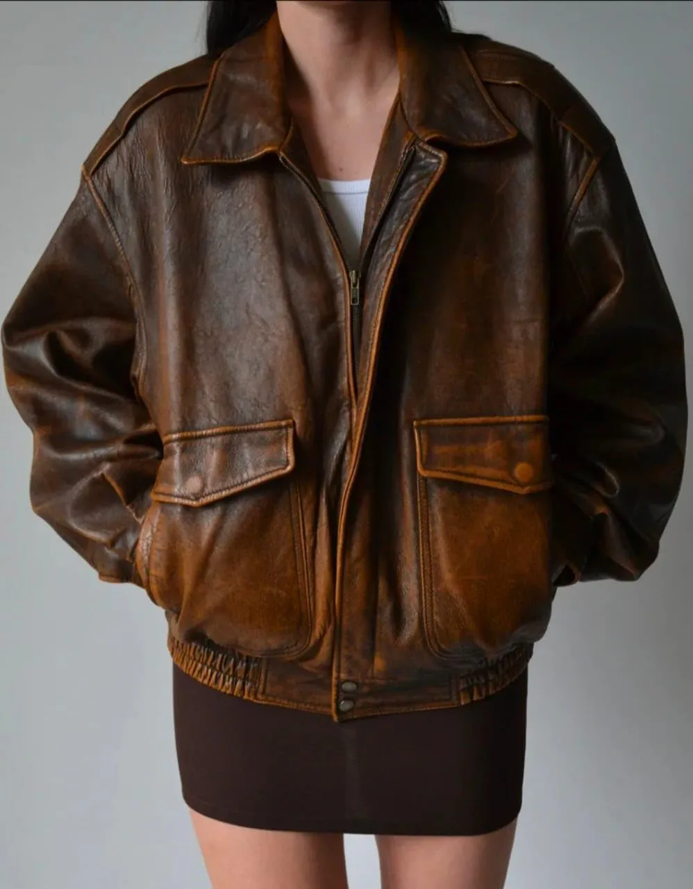 Womens 90'S Vintage Oversized Bomber Classic Style Wear Brown Genuine Leather Jacket