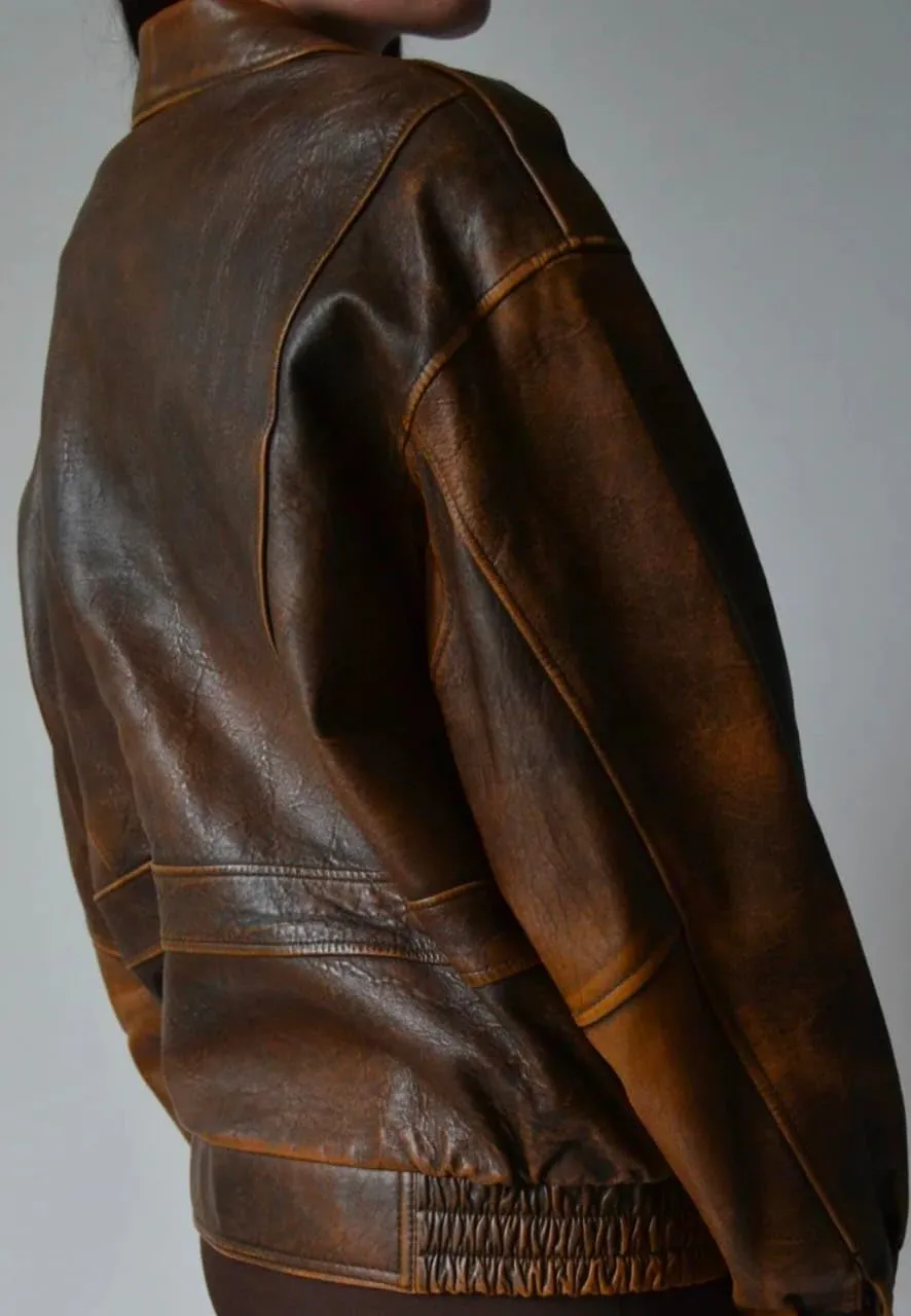 Womens 90'S Vintage Oversized Bomber Classic Style Wear Brown Genuine Leather Jacket