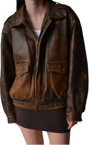 Womens 90'S Vintage Oversized Bomber Classic Style Wear Brown Genuine Leather Jacket