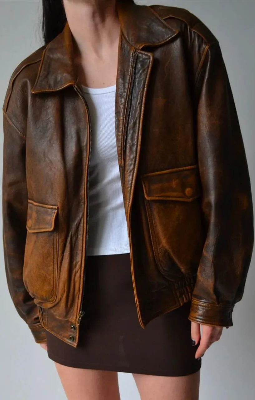 Womens 90'S Vintage Oversized Bomber Classic Style Wear Brown Genuine Leather Jacket