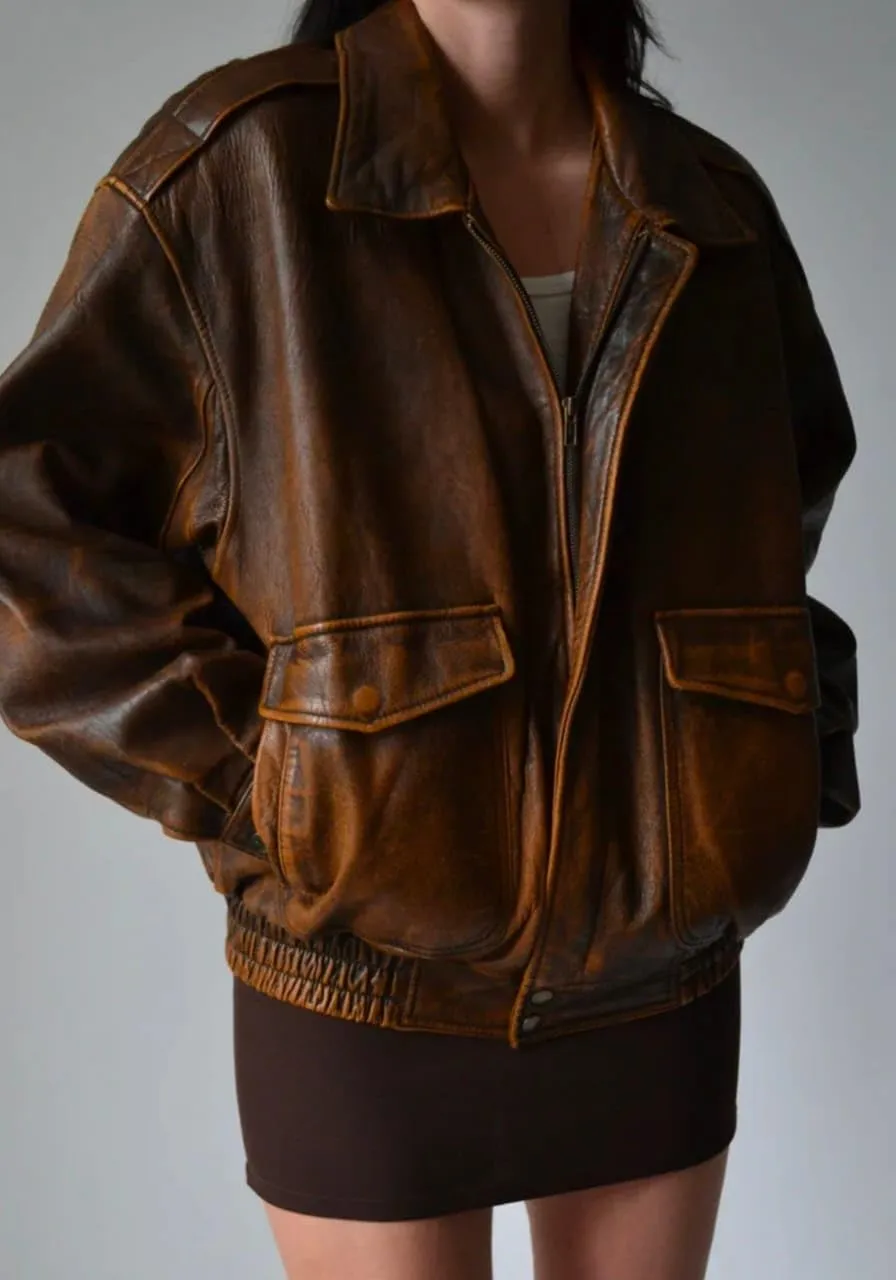 Womens 90'S Vintage Oversized Bomber Classic Style Wear Brown Genuine Leather Jacket