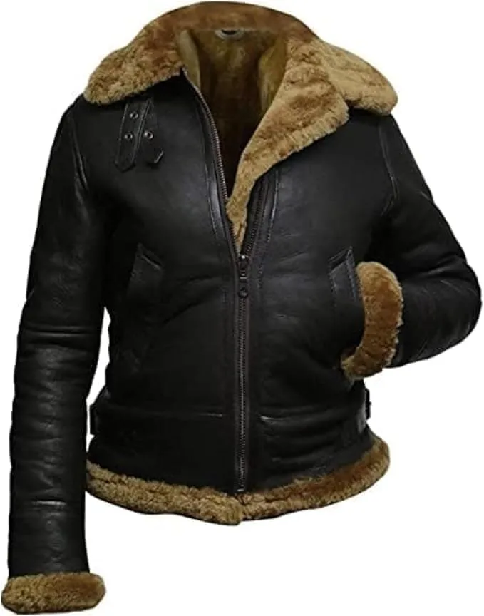 Womens B3 Shearling Bomber Jacket Raf Aviator Pilot Genuine Sheepskin Brown Leather Jacket Removable Hoodie