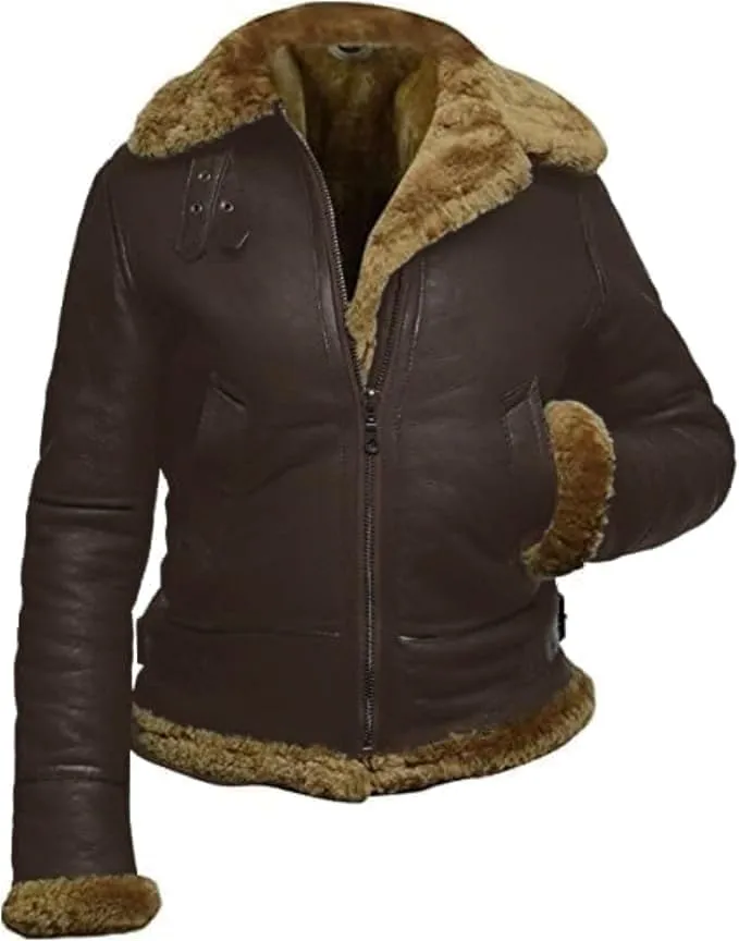 Womens B3 Shearling Bomber Jacket Raf Aviator Pilot Genuine Sheepskin Brown Leather Jacket Removable Hoodie