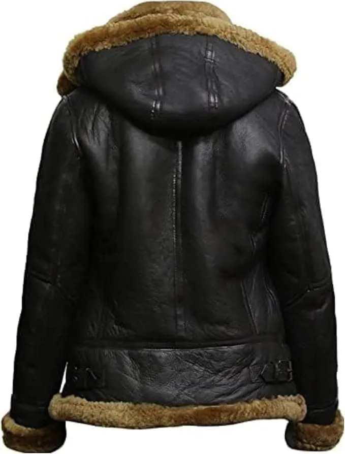 Womens B3 Shearling Bomber Jacket Raf Aviator Pilot Genuine Sheepskin Brown Leather Jacket Removable Hoodie