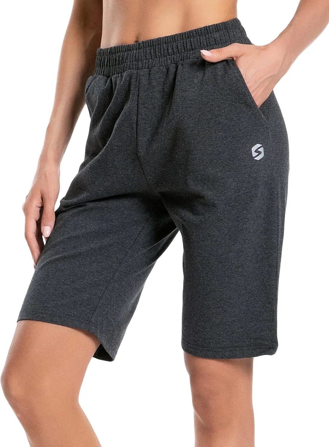 Women's Bermuda Shorts Long Cotton Sweat Knit Shorts with Pockets Lounge Athletic Workout Gym Knee Length
