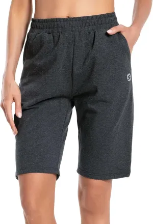Women's Bermuda Shorts Long Cotton Sweat Knit Shorts with Pockets Lounge Athletic Workout Gym Knee Length