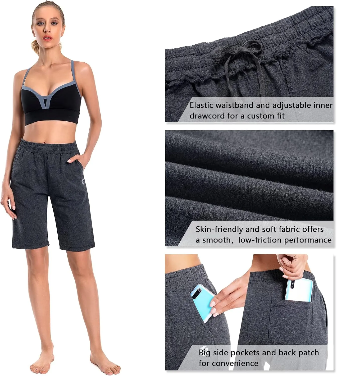 Women's Bermuda Shorts Long Cotton Sweat Knit Shorts with Pockets Lounge Athletic Workout Gym Knee Length