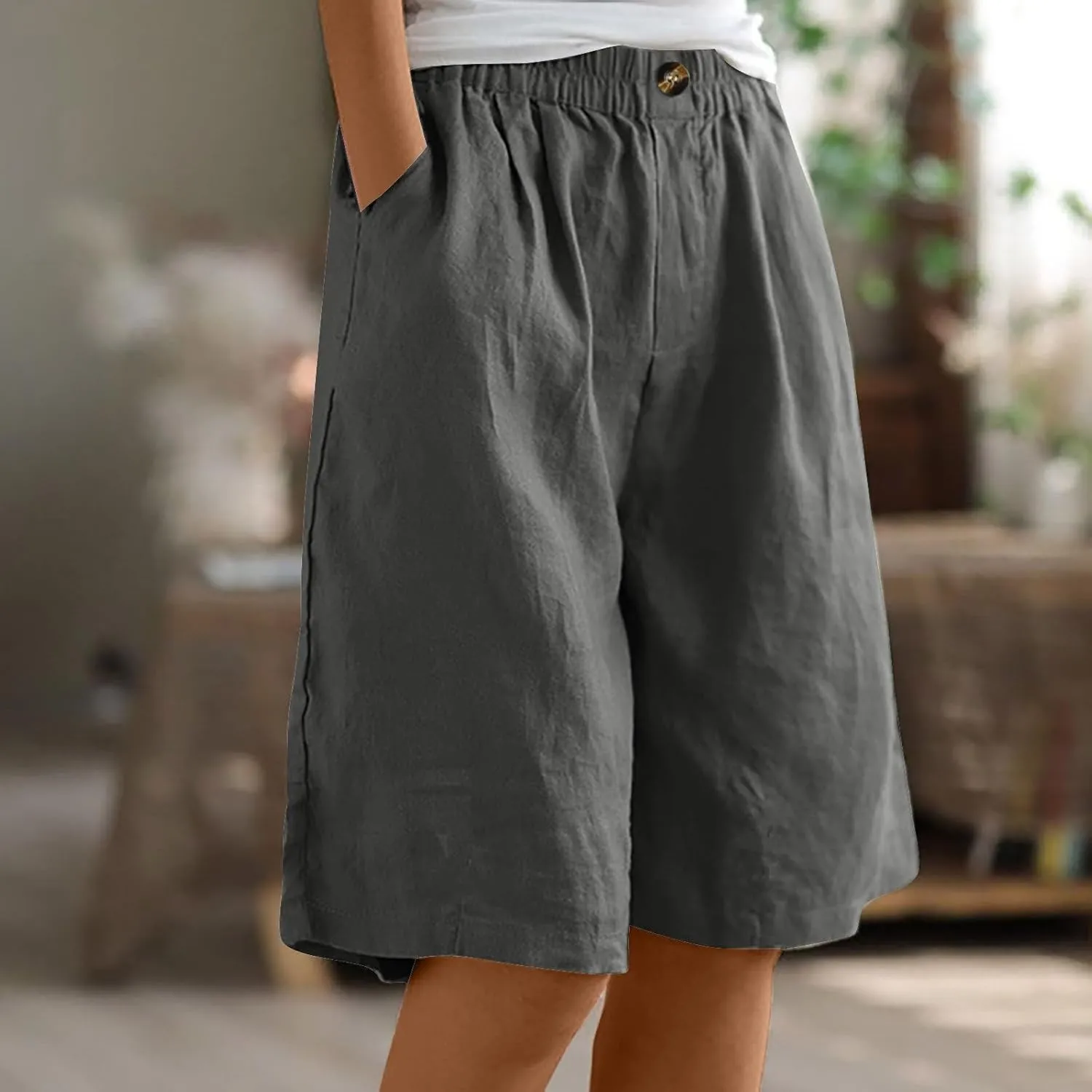 Womens Bermuda Shorts Summer Linen Knee Length Wide Leg Shorts Baggy Comfy High Waist Solid Short Pants with Pockets