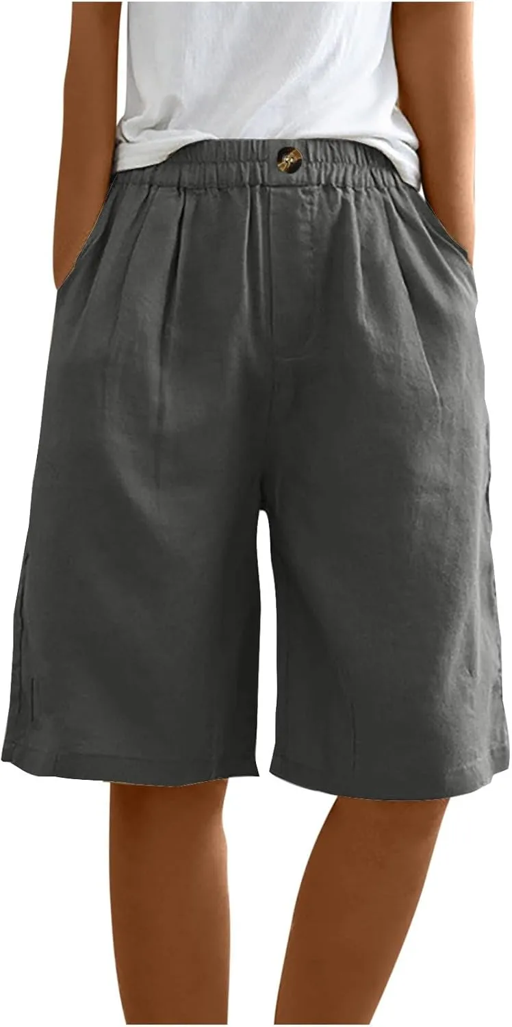 Womens Bermuda Shorts Summer Linen Knee Length Wide Leg Shorts Baggy Comfy High Waist Solid Short Pants with Pockets