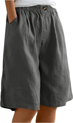 Womens Bermuda Shorts Summer Linen Knee Length Wide Leg Shorts Baggy Comfy High Waist Solid Short Pants with Pockets