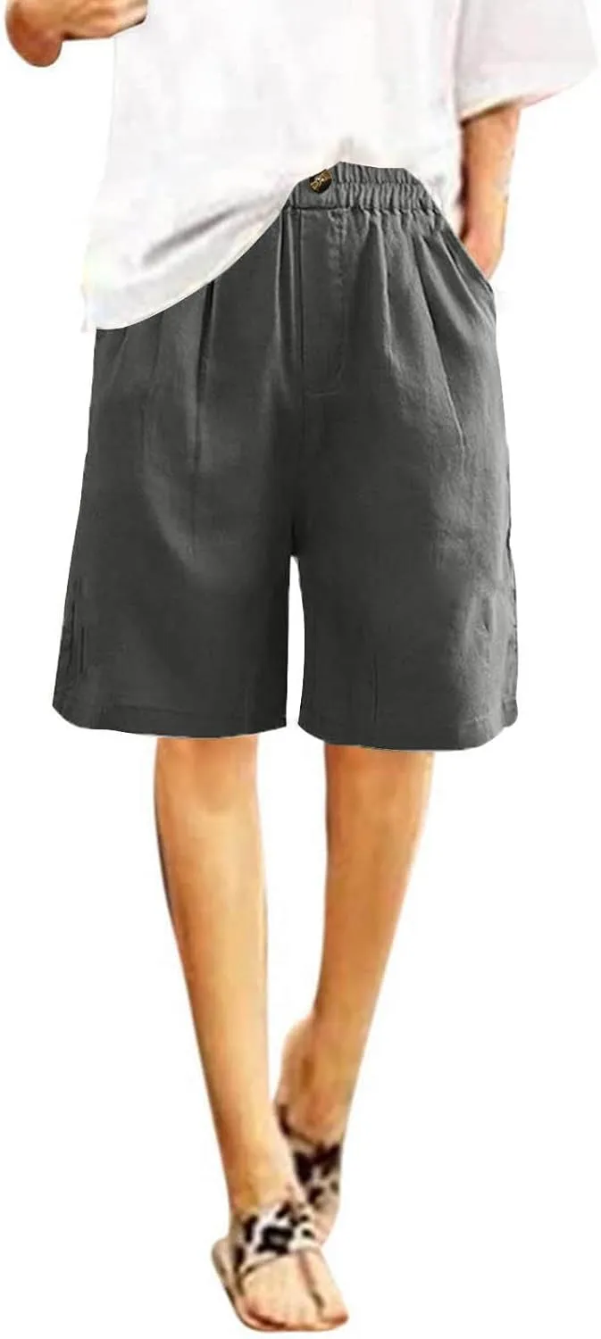 Womens Bermuda Shorts Summer Linen Knee Length Wide Leg Shorts Baggy Comfy High Waist Solid Short Pants with Pockets