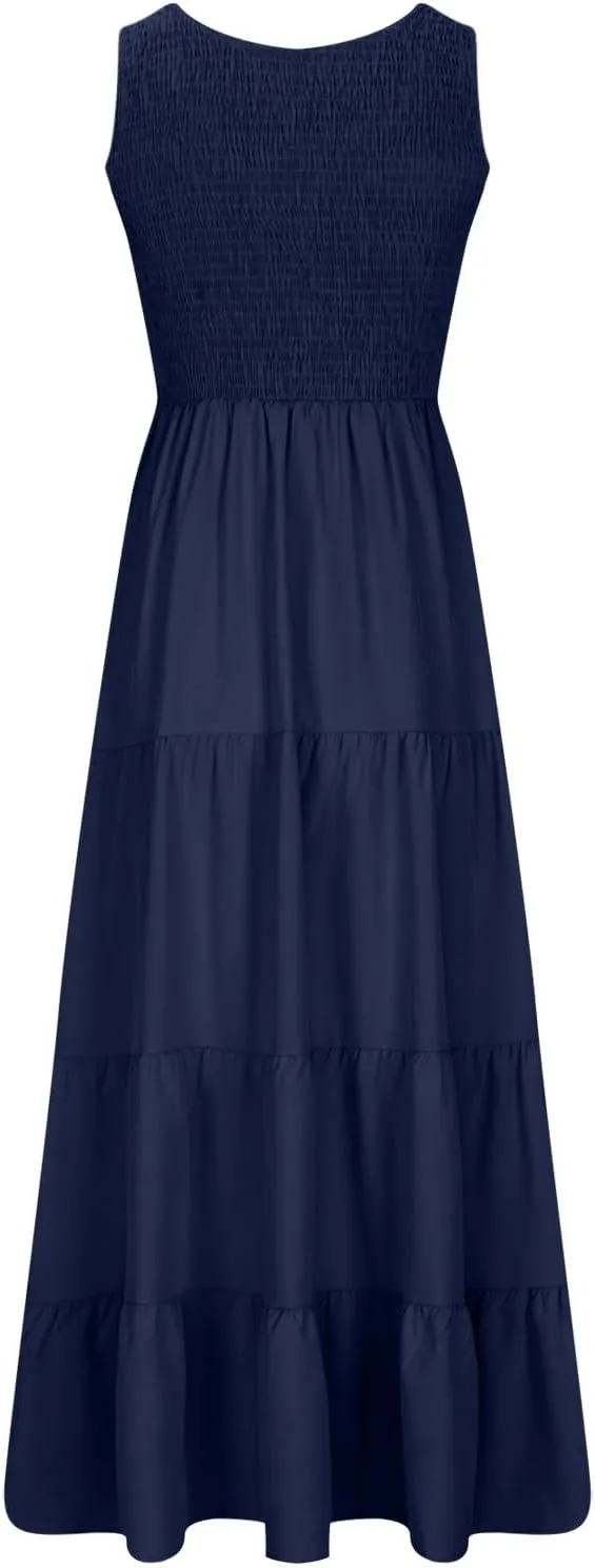 Womens Boho Dress Sleeveless U Neck Ruffle Hem A Line Dress Flowy Sleeveless Smocked Tiered Layered Maxi Dresses