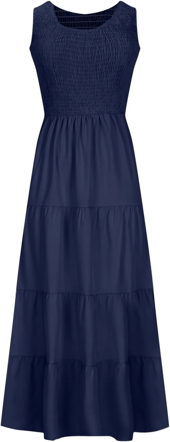 Womens Boho Dress Sleeveless U Neck Ruffle Hem A Line Dress Flowy Sleeveless Smocked Tiered Layered Maxi Dresses