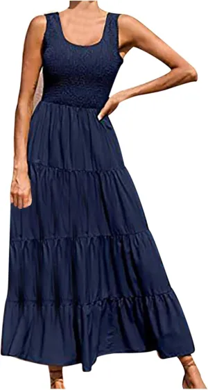 Womens Boho Dress Sleeveless U Neck Ruffle Hem A Line Dress Flowy Sleeveless Smocked Tiered Layered Maxi Dresses