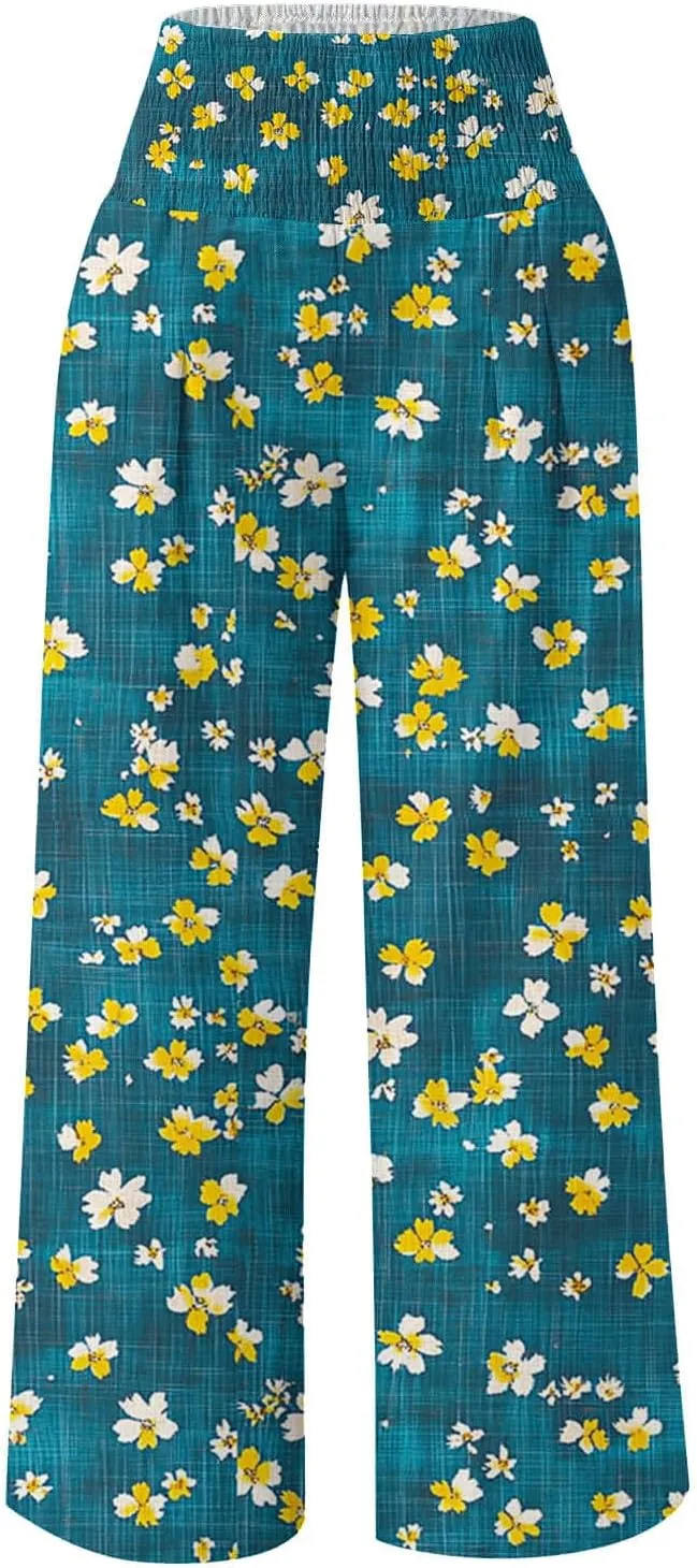 Womens Boho Palazzo Pants Casual Printed Loose Linen Wide Leg Pants Drawstring Waist Beach Harem Trouser with Pockets
