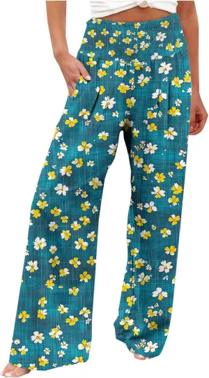 Womens Boho Palazzo Pants Casual Printed Loose Linen Wide Leg Pants Drawstring Waist Beach Harem Trouser with Pockets