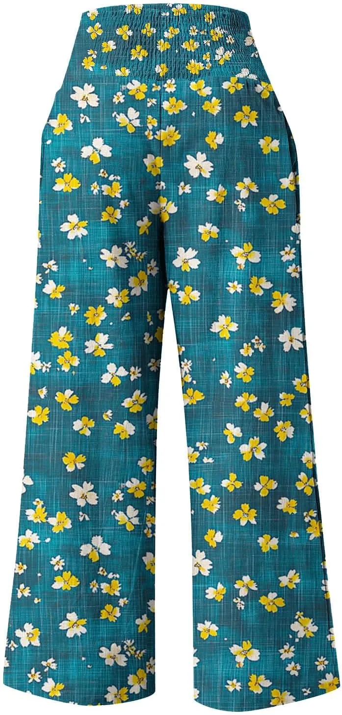 Womens Boho Palazzo Pants Casual Printed Loose Linen Wide Leg Pants Drawstring Waist Beach Harem Trouser with Pockets
