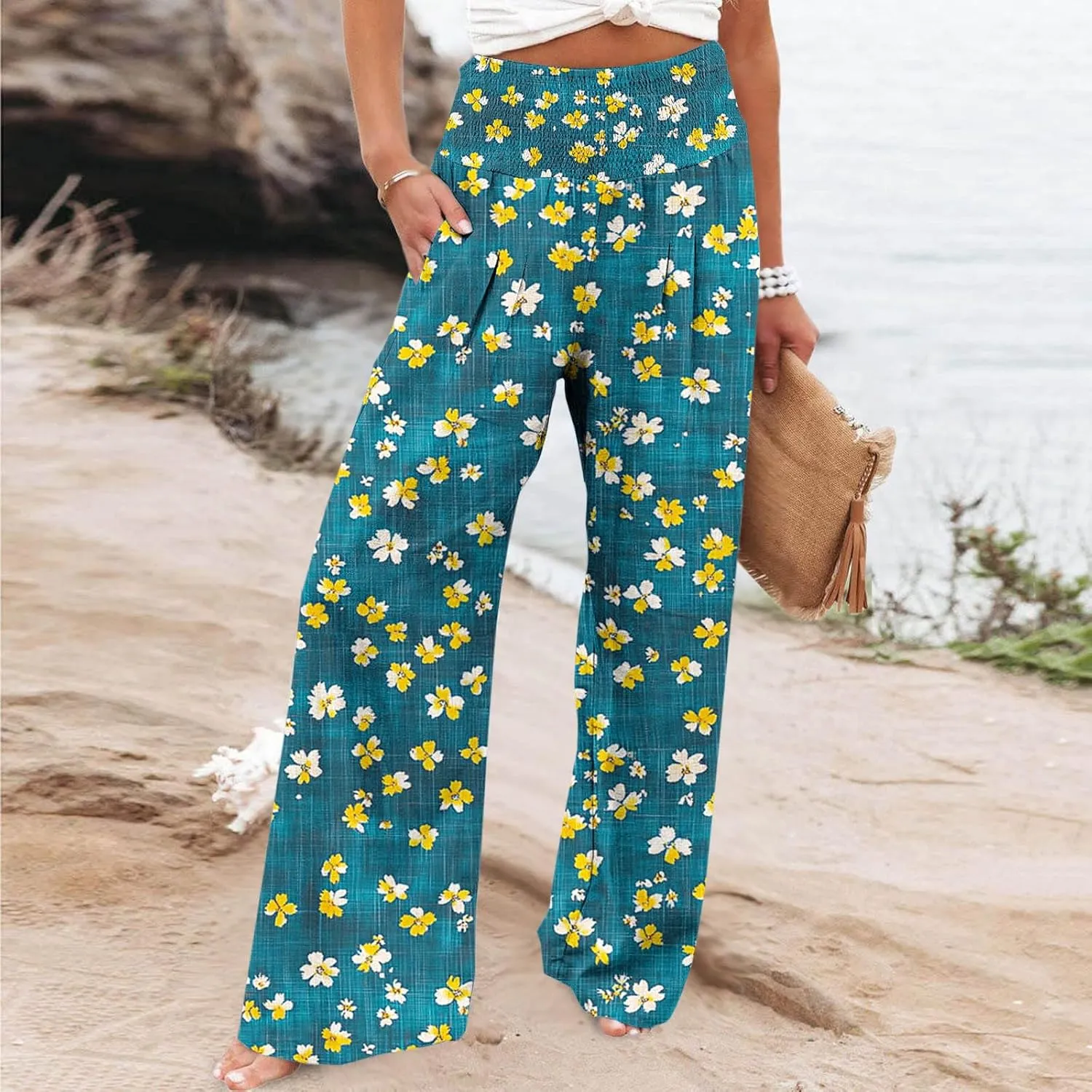 Womens Boho Palazzo Pants Casual Printed Loose Linen Wide Leg Pants Drawstring Waist Beach Harem Trouser with Pockets