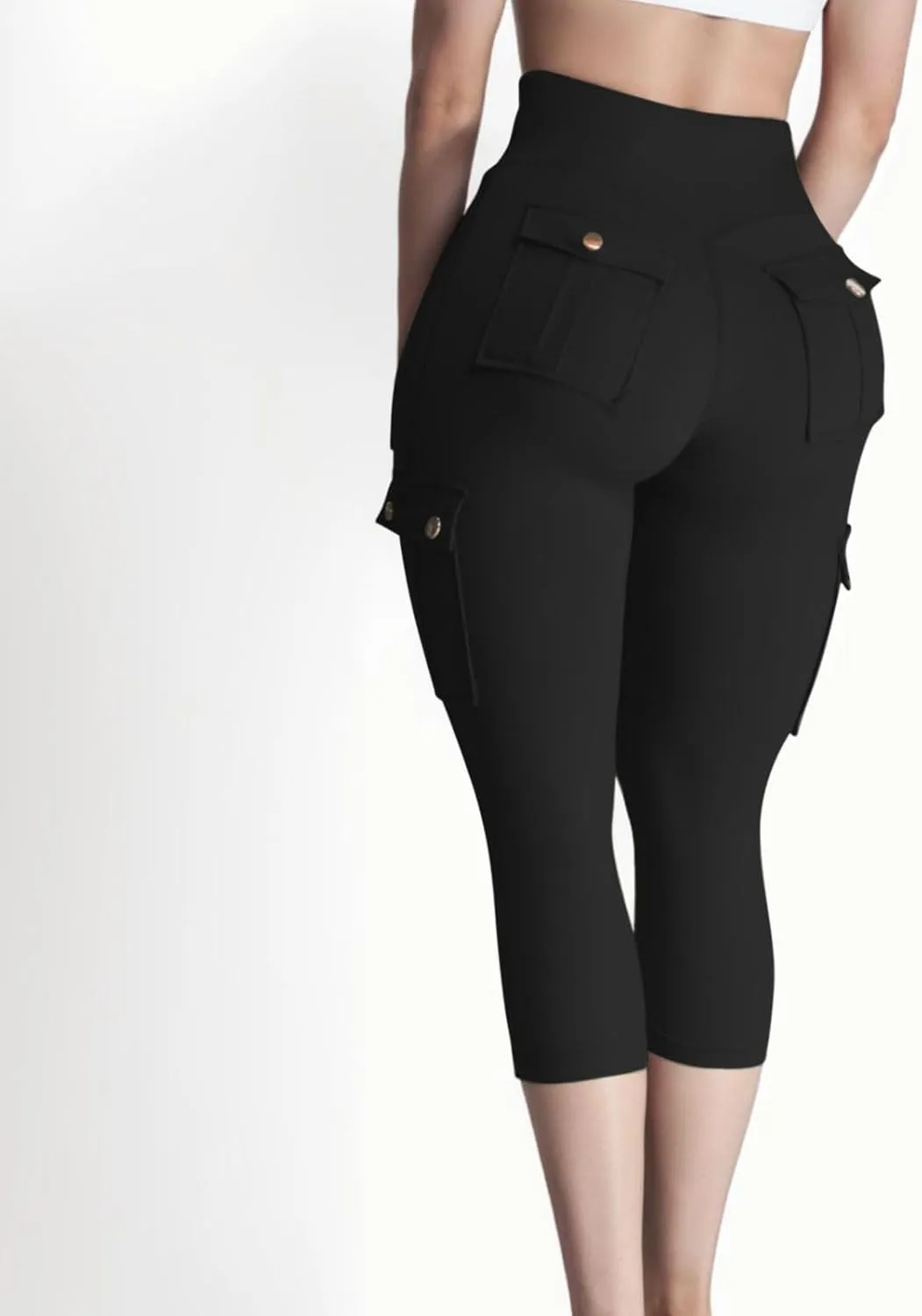Women's Butt Lifting Biker Capri Cargo High Waist Flap Pocket Workout Capris Causal Athletic Gym Training Sweatpant