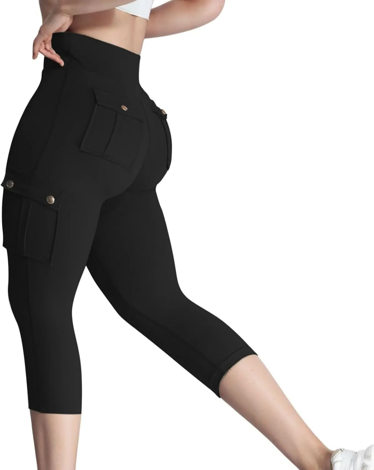 Women's Butt Lifting Biker Capri Cargo High Waist Flap Pocket Workout Capris Causal Athletic Gym Training Sweatpant