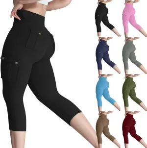 Women's Butt Lifting Biker Capri Cargo High Waist Flap Pocket Workout Capris Causal Athletic Gym Training Sweatpant