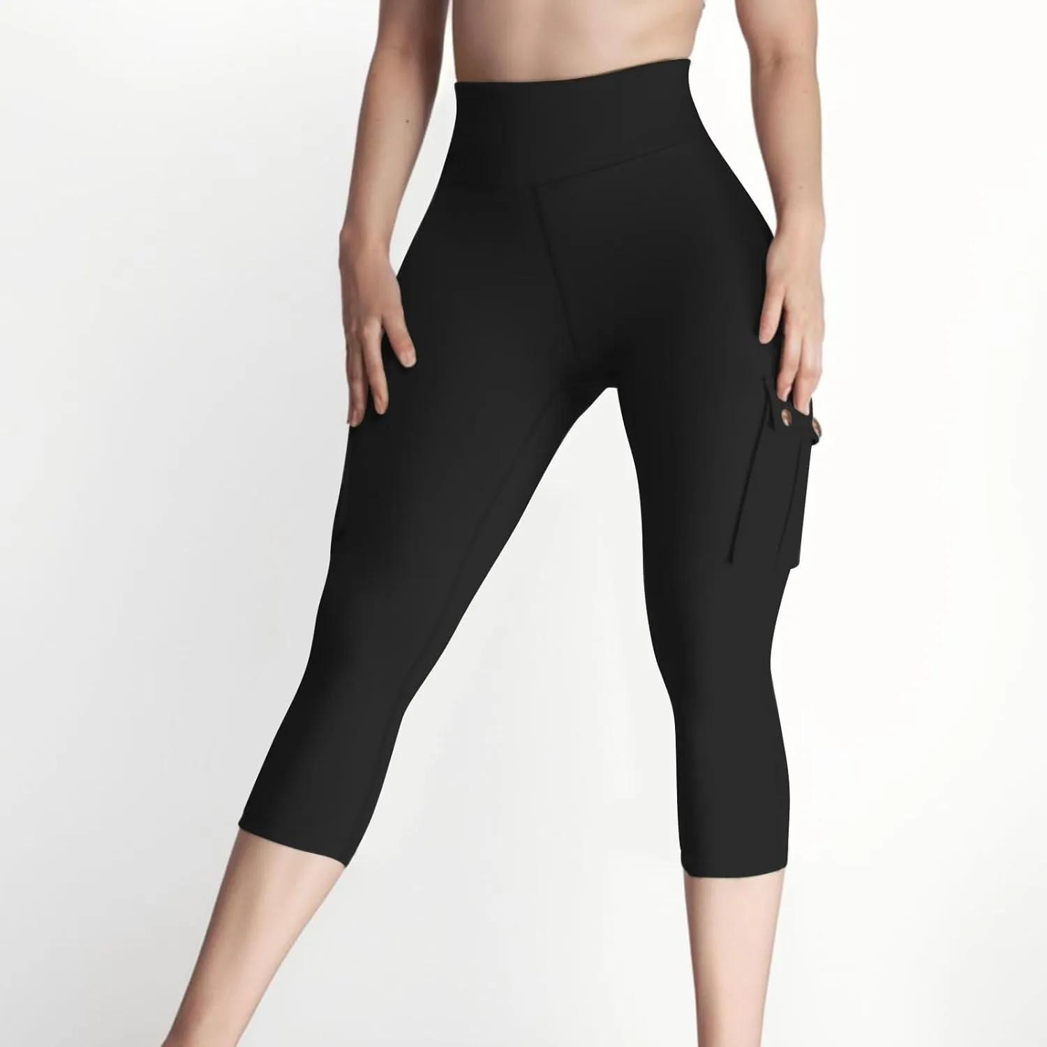 Women's Butt Lifting Biker Capri Cargo High Waist Flap Pocket Workout Capris Causal Athletic Gym Training Sweatpant