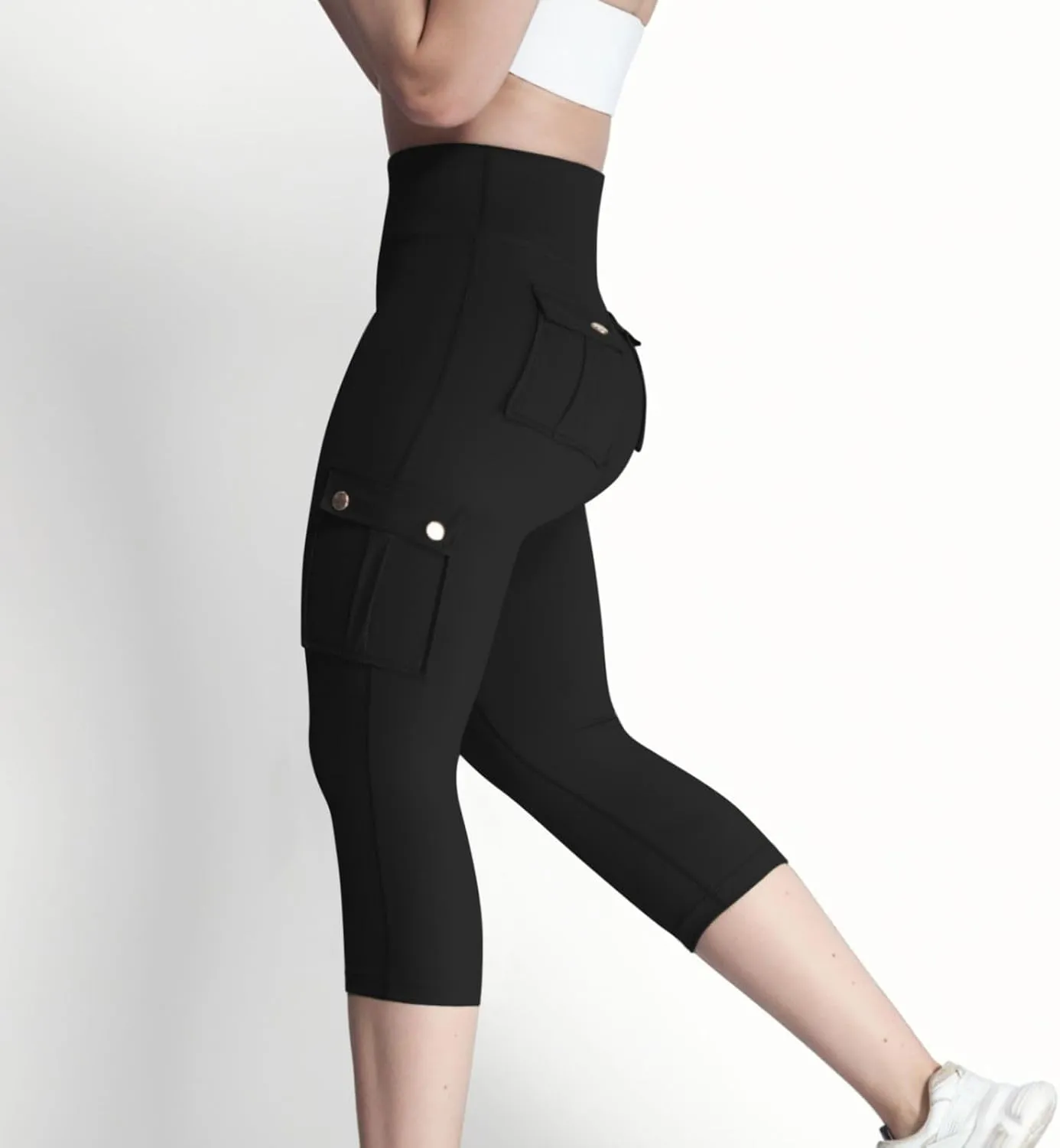 Women's Butt Lifting Biker Capri Cargo High Waist Flap Pocket Workout Capris Causal Athletic Gym Training Sweatpant