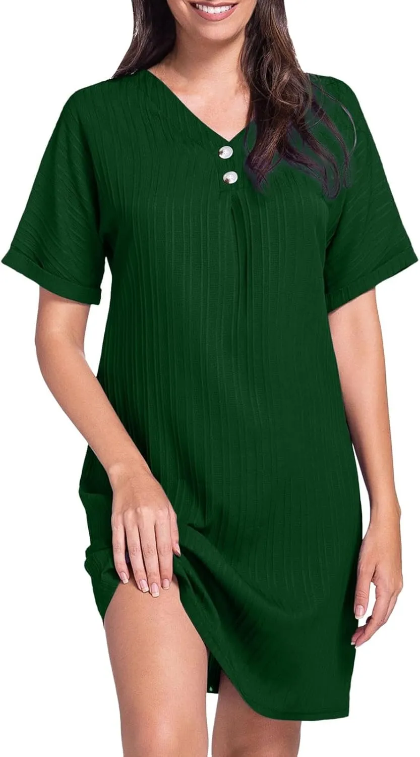Womens Button Down Shirt Dresses Summer Cotton Linen Dress V-Neck Mini Dress Casual Short Sleeve Loose Tunic Dresses