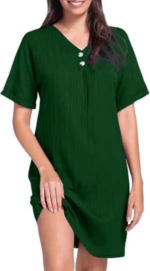 Womens Button Down Shirt Dresses Summer Cotton Linen Dress V-Neck Mini Dress Casual Short Sleeve Loose Tunic Dresses