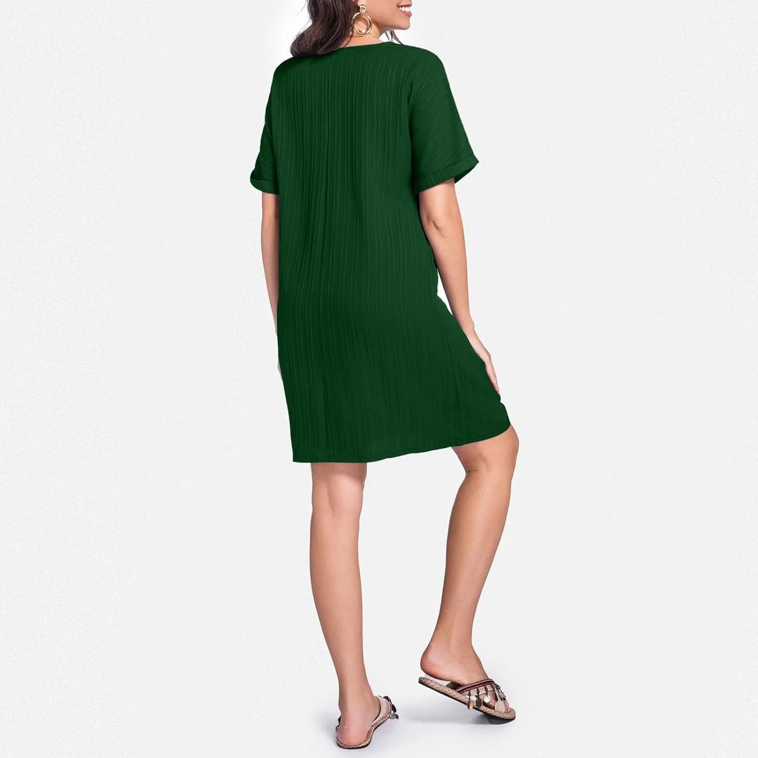 Womens Button Down Shirt Dresses Summer Cotton Linen Dress V-Neck Mini Dress Casual Short Sleeve Loose Tunic Dresses
