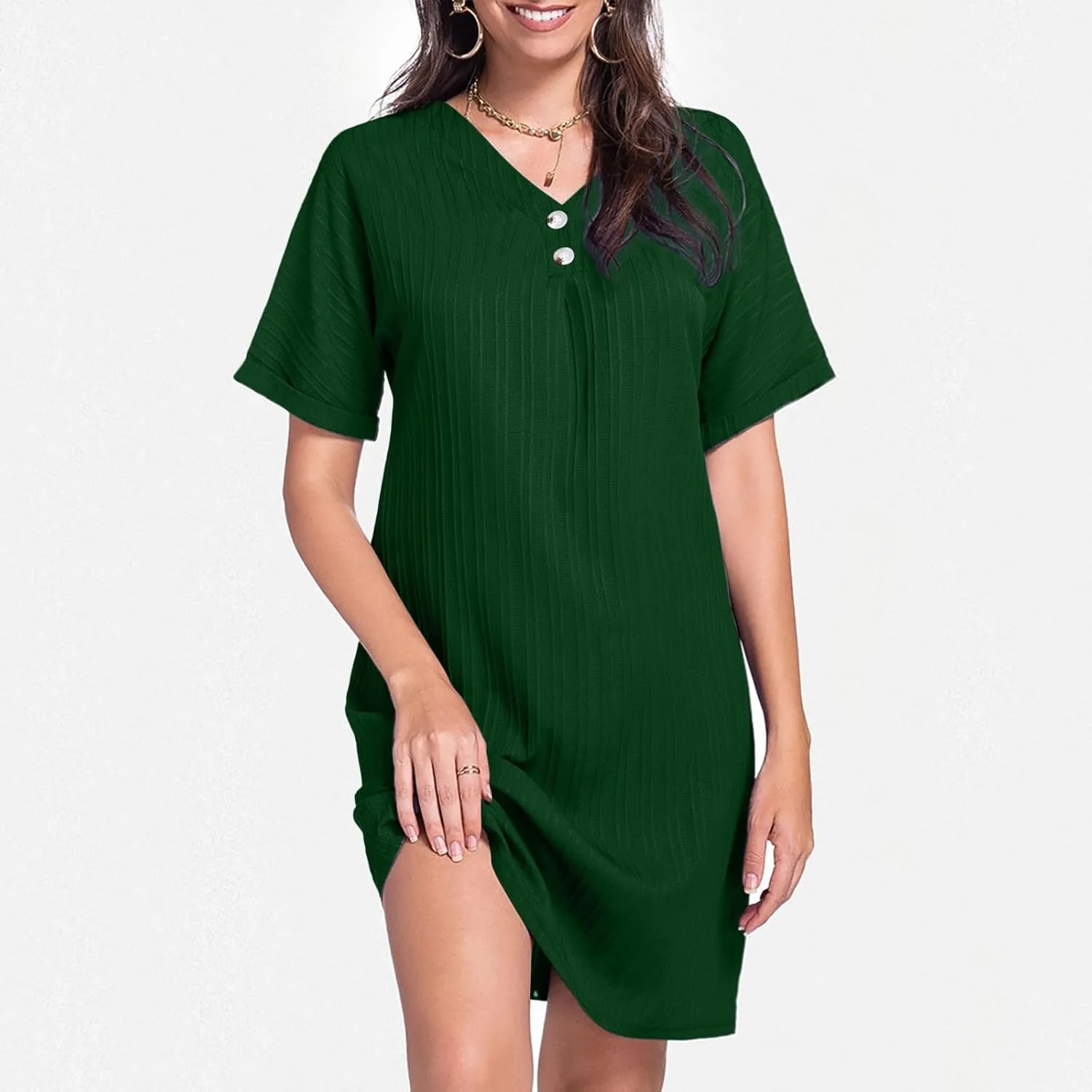 Womens Button Down Shirt Dresses Summer Cotton Linen Dress V-Neck Mini Dress Casual Short Sleeve Loose Tunic Dresses