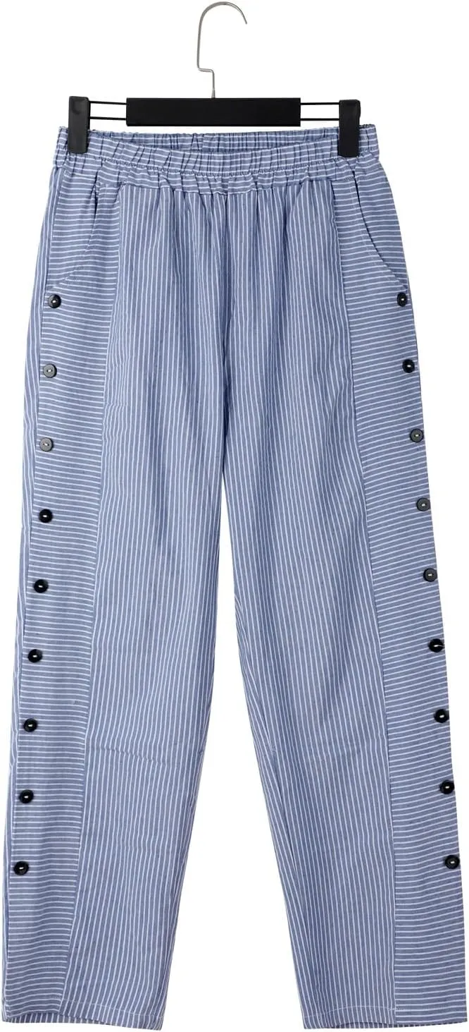 Womens Capris with Pockets Women'sCotton and Linen Striped Elastic Waistband High Waistband Wide Leg Palazzo