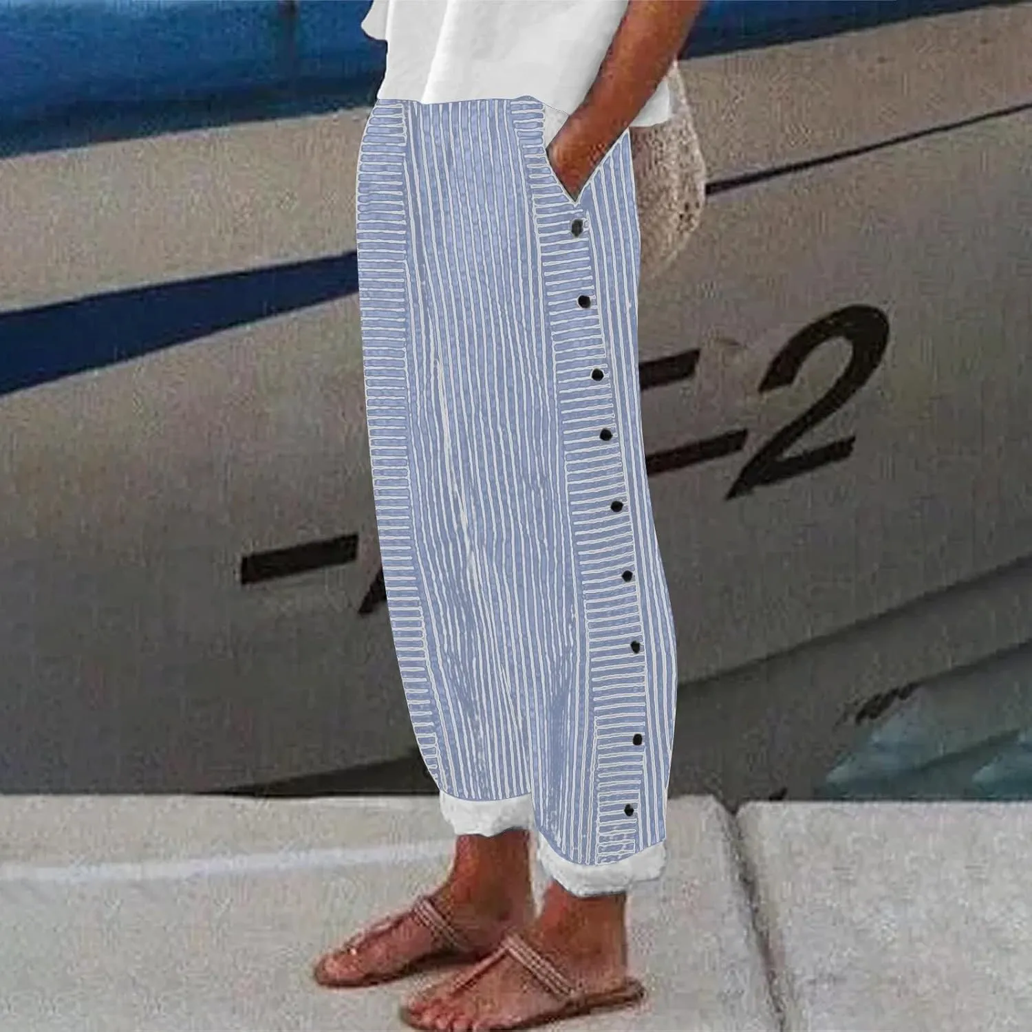 Womens Capris with Pockets Women'sCotton and Linen Striped Elastic Waistband High Waistband Wide Leg Palazzo