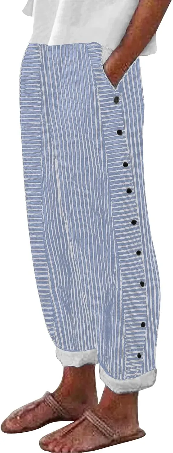 Womens Capris with Pockets Women'sCotton and Linen Striped Elastic Waistband High Waistband Wide Leg Palazzo