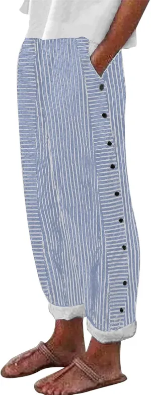 Womens Capris with Pockets Women'sCotton and Linen Striped Elastic Waistband High Waistband Wide Leg Palazzo