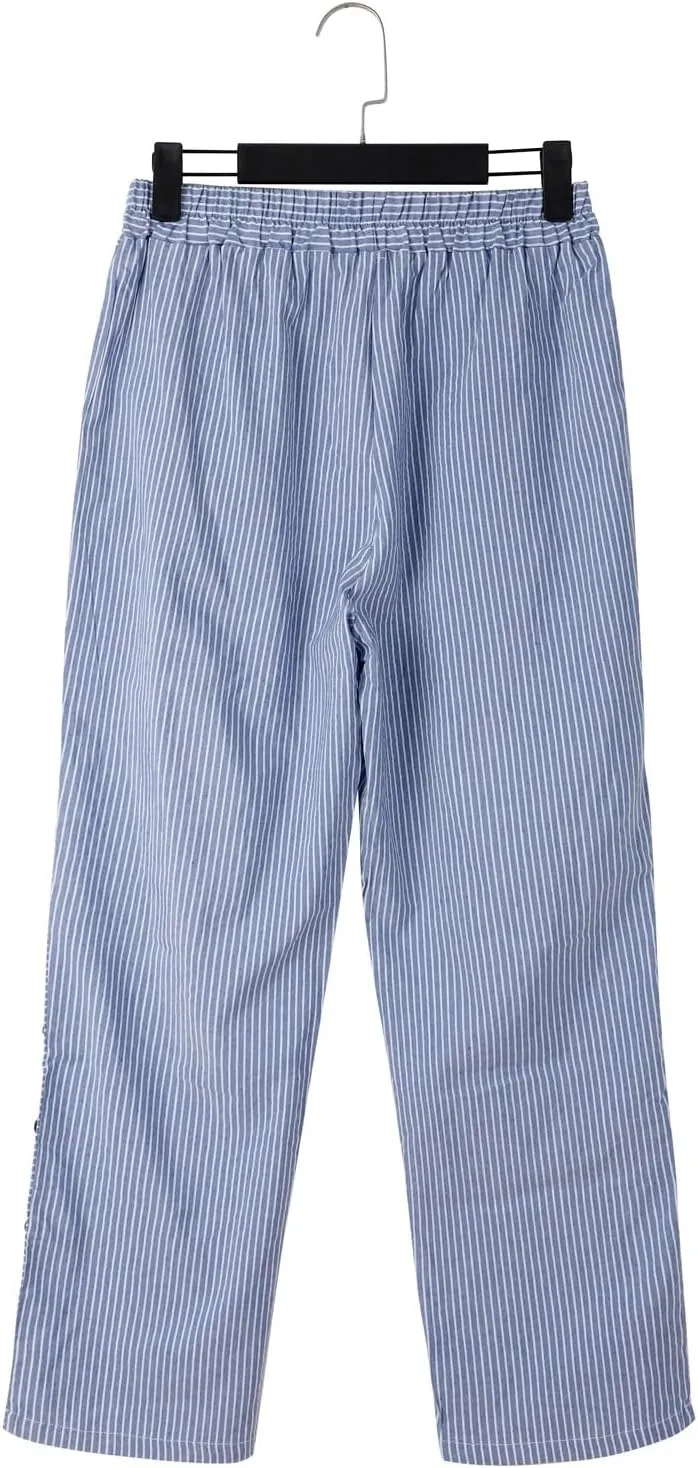 Womens Capris with Pockets Women'sCotton and Linen Striped Elastic Waistband High Waistband Wide Leg Palazzo