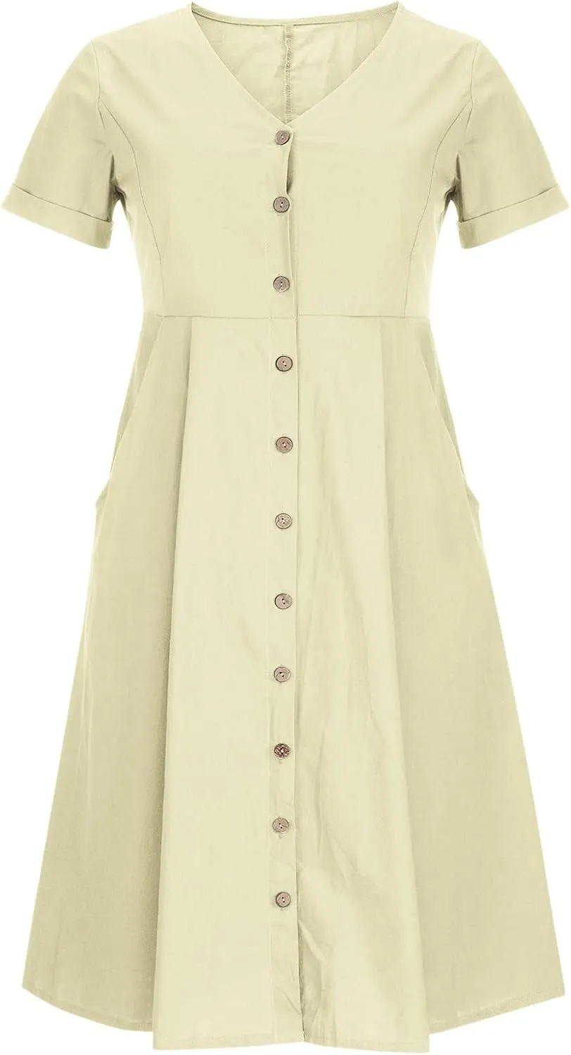 Womens Casual Dress Plus Size Button Front V Neck A Line Dress 2025 Spring Summer Short Sleeve Midi Dress with Pocket