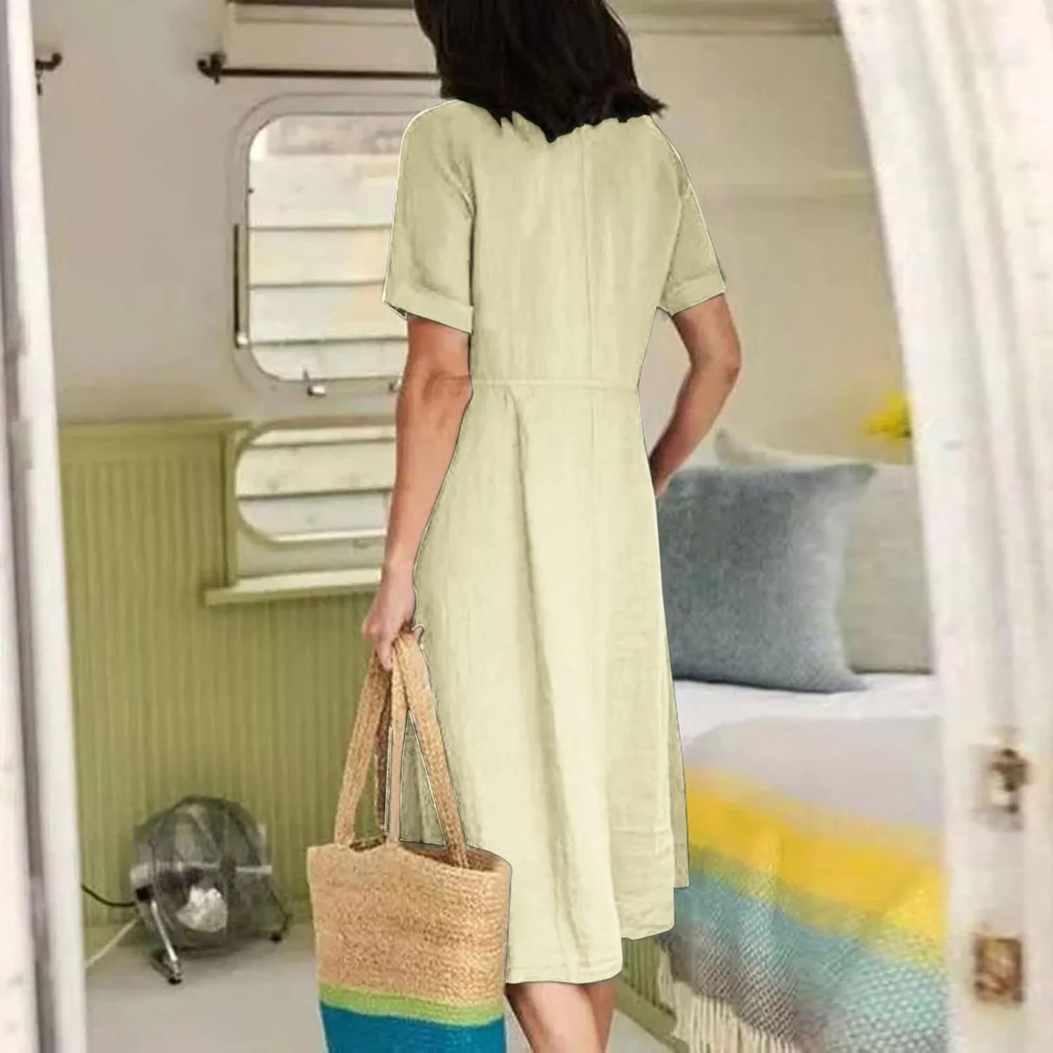 Womens Casual Dress Plus Size Button Front V Neck A Line Dress 2025 Spring Summer Short Sleeve Midi Dress with Pocket