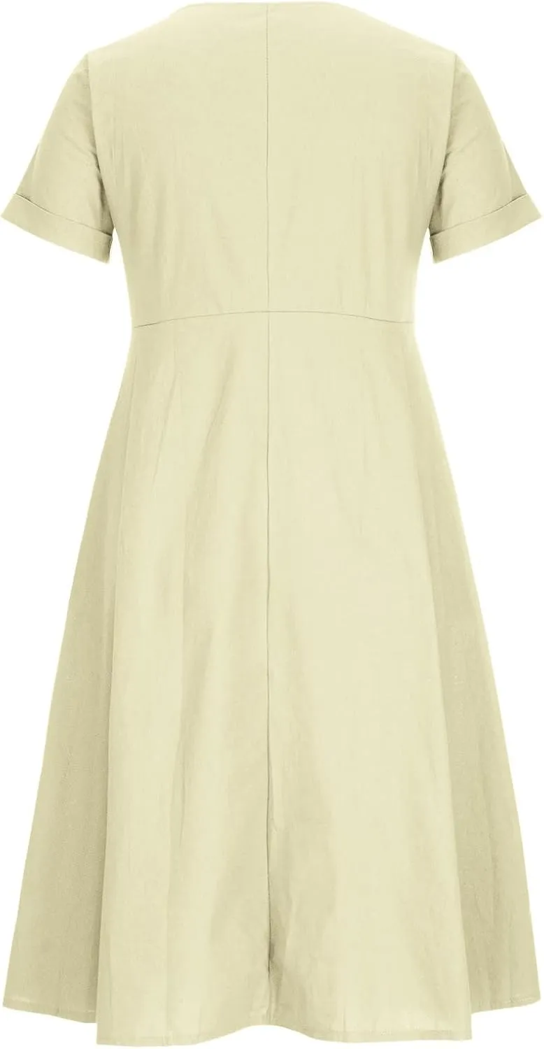 Womens Casual Dress Plus Size Button Front V Neck A Line Dress 2025 Spring Summer Short Sleeve Midi Dress with Pocket