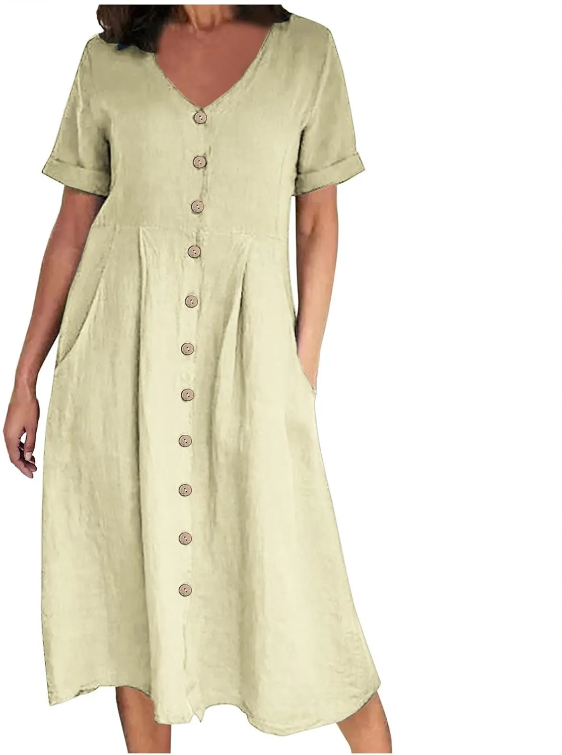 Womens Casual Dress Plus Size Button Front V Neck A Line Dress 2025 Spring Summer Short Sleeve Midi Dress with Pocket
